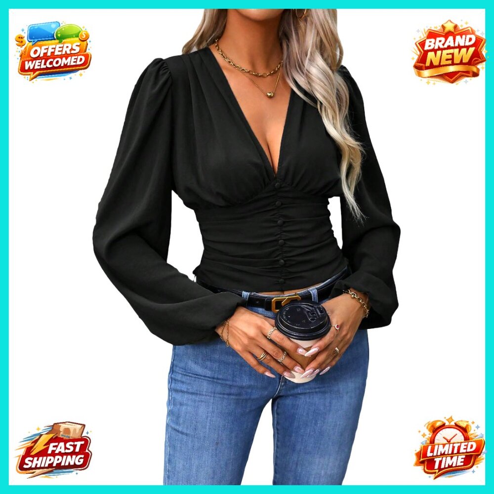 Ruched Deep V Neck Button Front Smock Lantern Sleeve Crop Top Blouse
